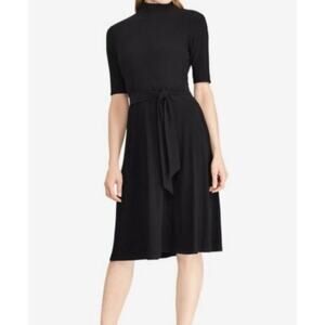 Lauren Ralph Lauren Jersey Mock Neck Dress Size 14 Black Cocktail ALine tie belt